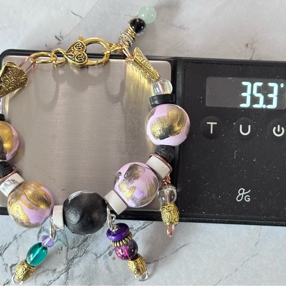 Handmade Boho Bracelet Hand Painted Wooden Beads Glass Charm Lobster Clasp 7-8 - Picture 4 of 6